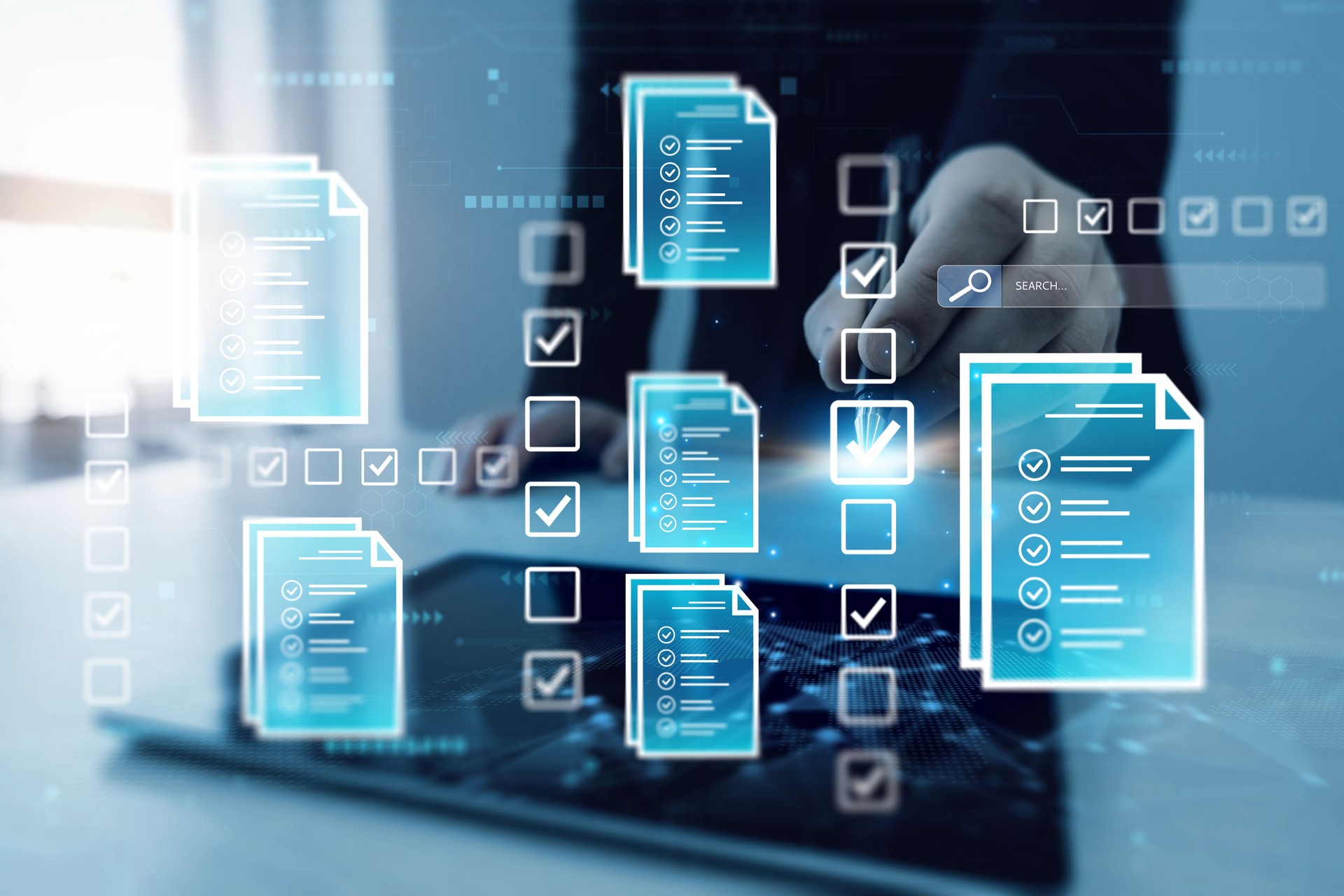 Businessman check virtual electronic documents  and checklist approve. Business productivity checklist and filling survey form.Fast checklist and clipboard task management.